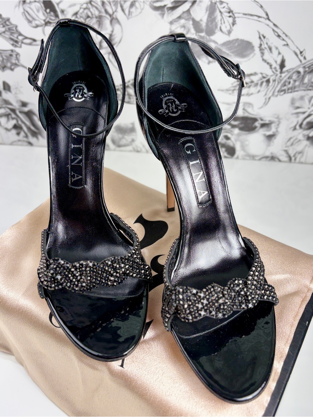 Gina Patent Leather 5” Cork Wrapped Platform Heel w/ Rhinestone Strap, Sz 11 - Picture 3 of 9